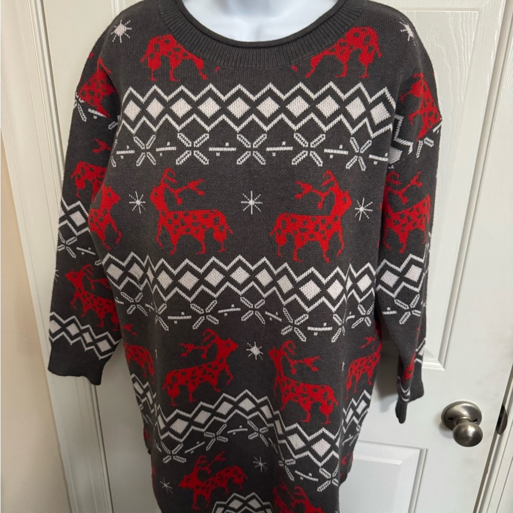 Shineflow Women's Large Charcoal Reindeer Fair Isle Pullover Tunic Sweater NWOT